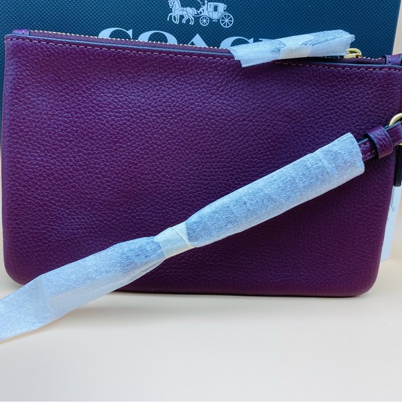 Coach Large Pebble Leather Wristlet Brass Deep Berry (deep red purple) - Picture 3 of 7